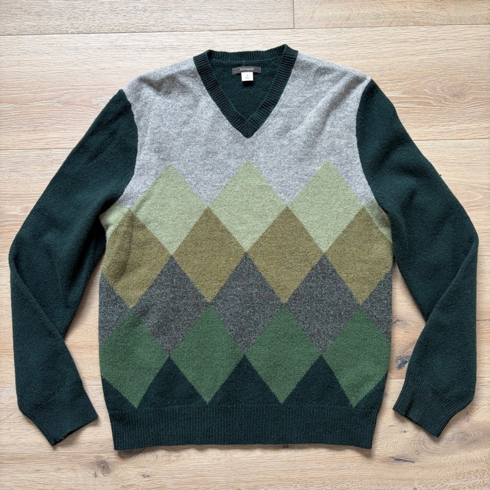 Express M Sweater Lamb wool argyle green vintage grandpa Unisex knit grunge *R19